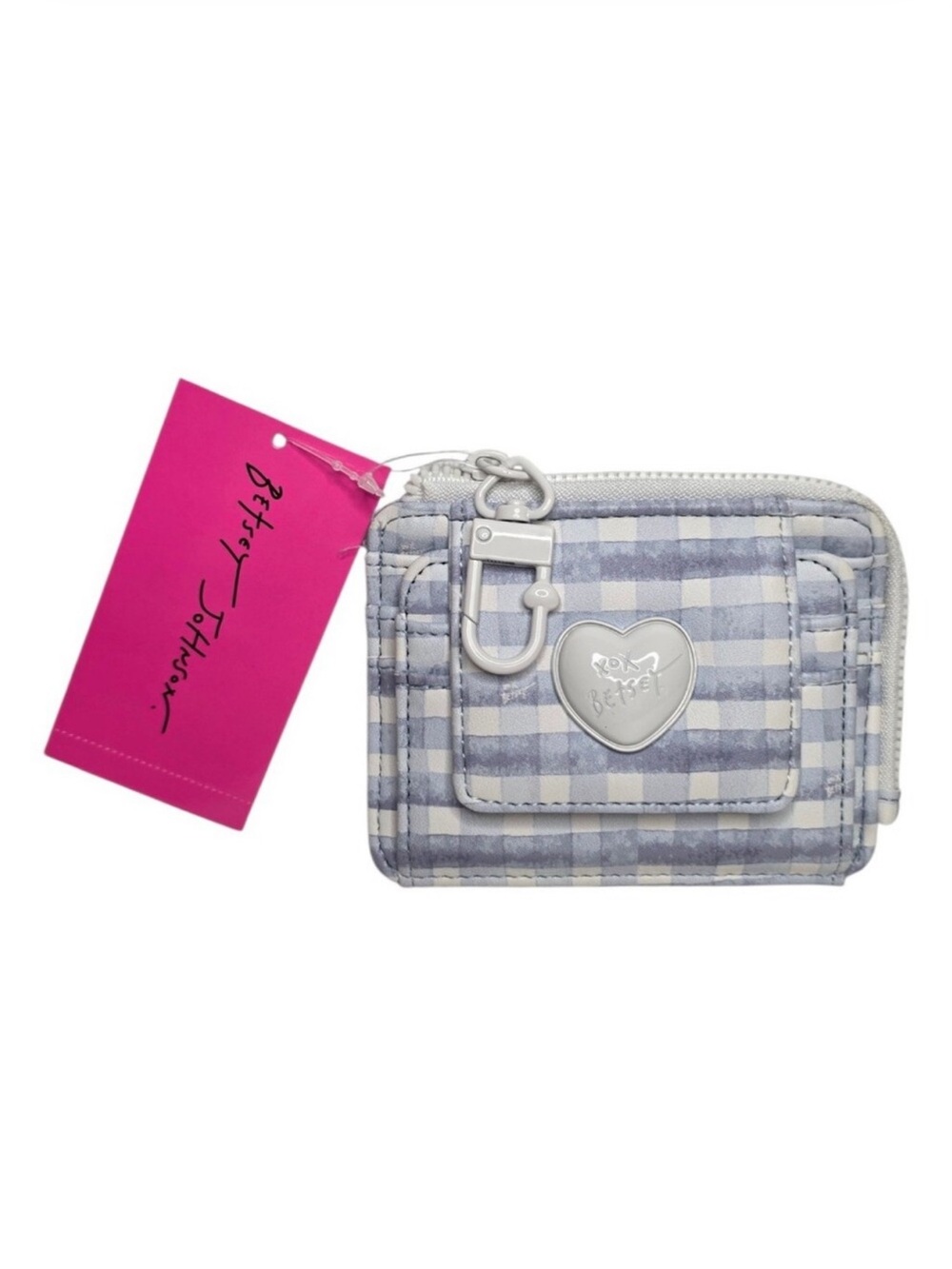 Betsey Johnson Wallet Blue & White Gingham L Zip Card Case Keychain New With Tag
